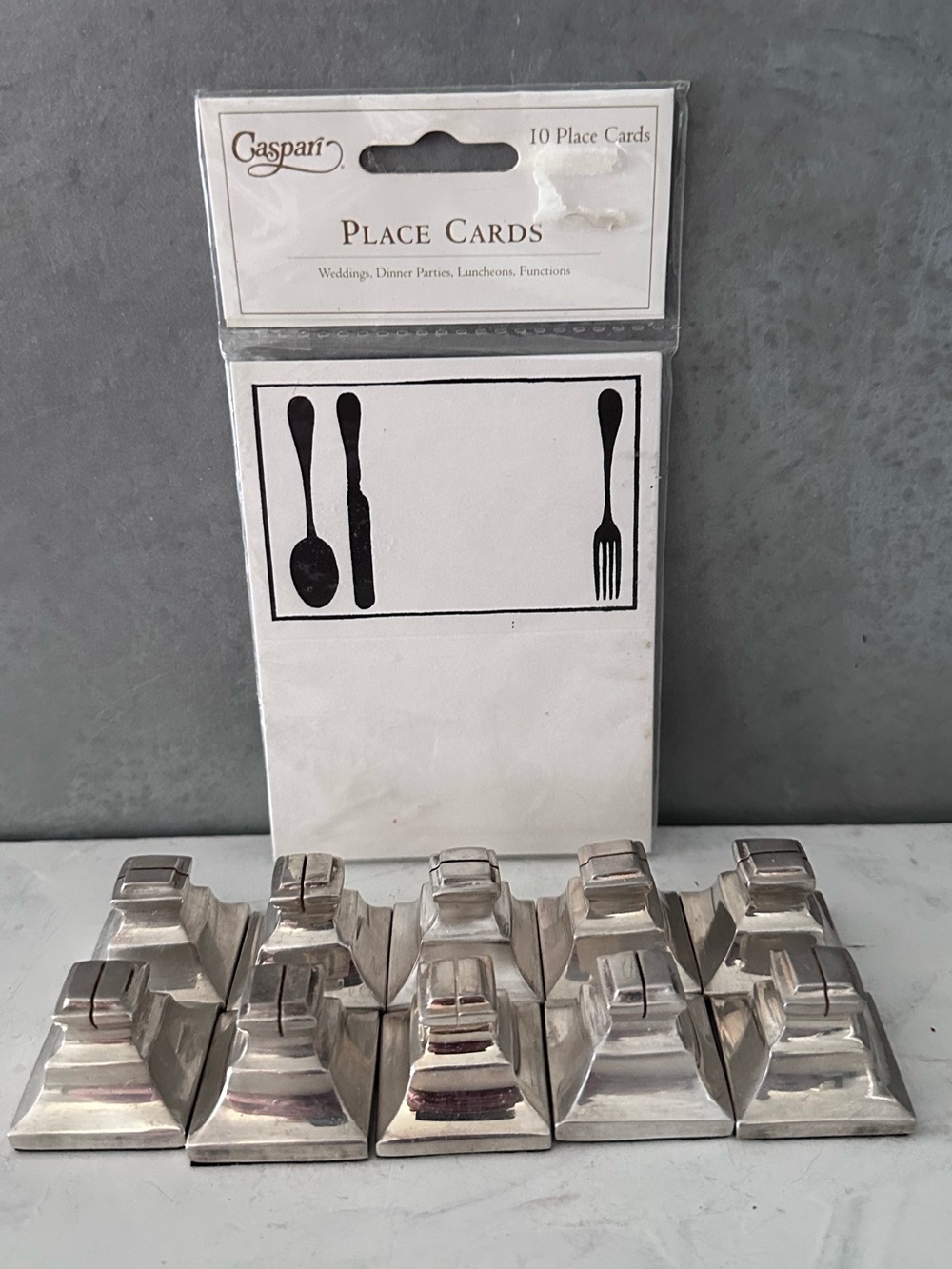 new 10 SILVER PLATE Place Card Holders with 10 Caspari Place cards